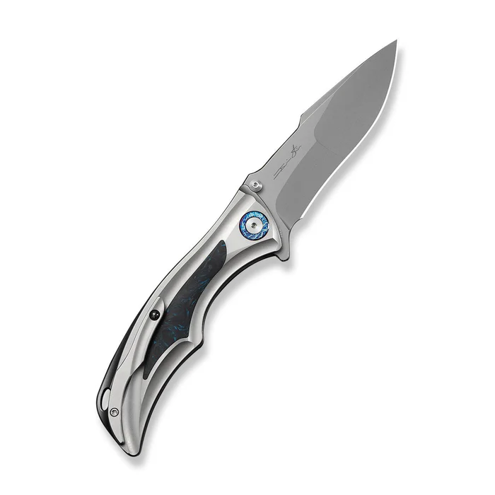 WE KNIFE Tighe Down Gray Titanium Integral Handle With Black & Blue Carbon