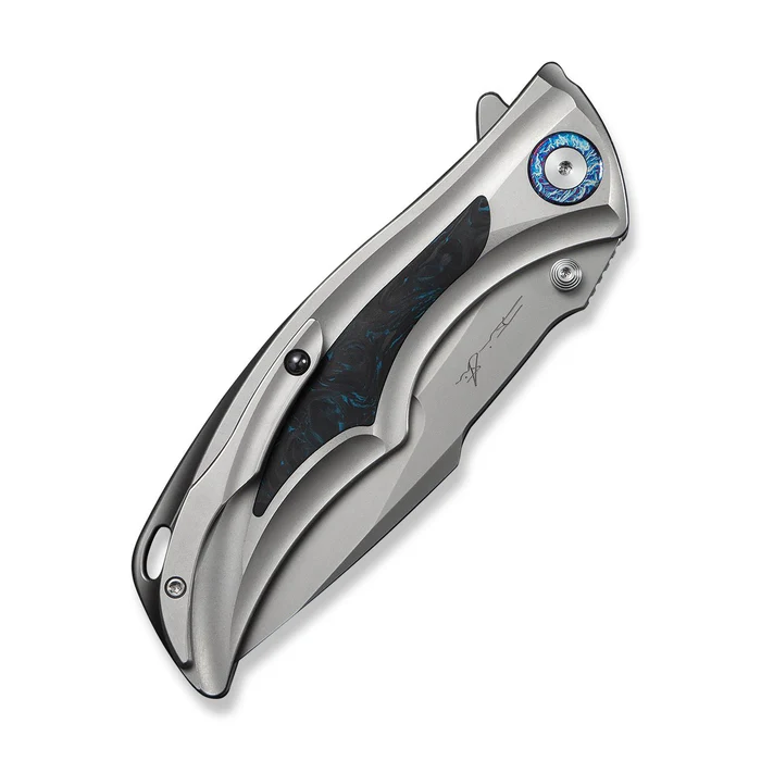 WE KNIFE Tighe Down Gray Titanium Integral Handle With Black & Blue Carbon