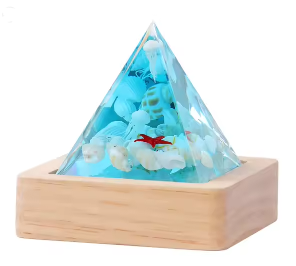 Resin Jellyfish Pyramid +Wood Base with Light 