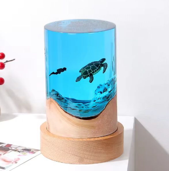 Resin LED Light Set cylindrical turtle with diver