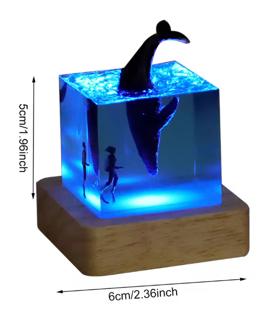 Resin Humpback Whale With Diver +Wood Base with Light