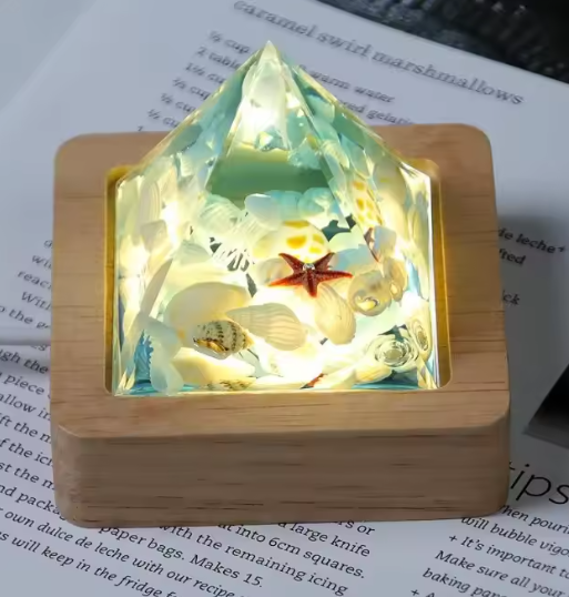 Resin Jellyfish Pyramid +Wood Base with Light 