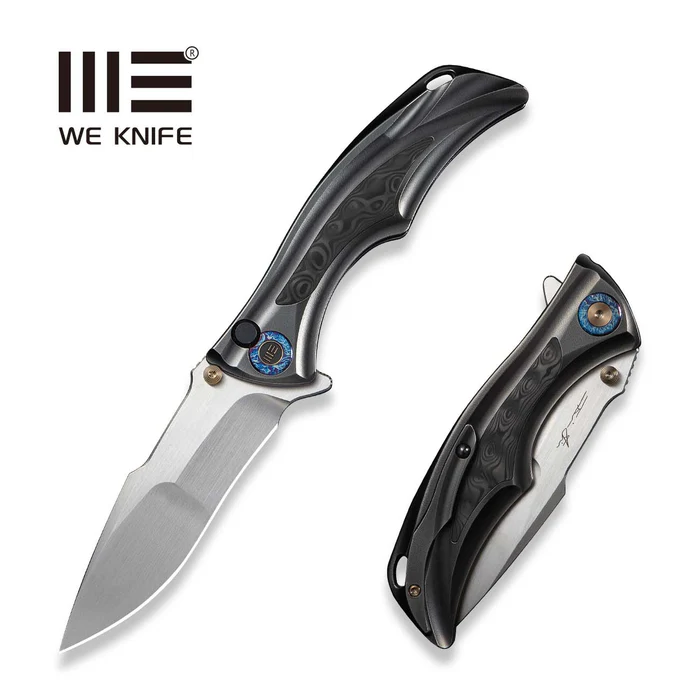 WE KNIFE Tighe Down Polished Gray Orange Peel Textured Titanium Integral Handle With Rose Carbon Fiber